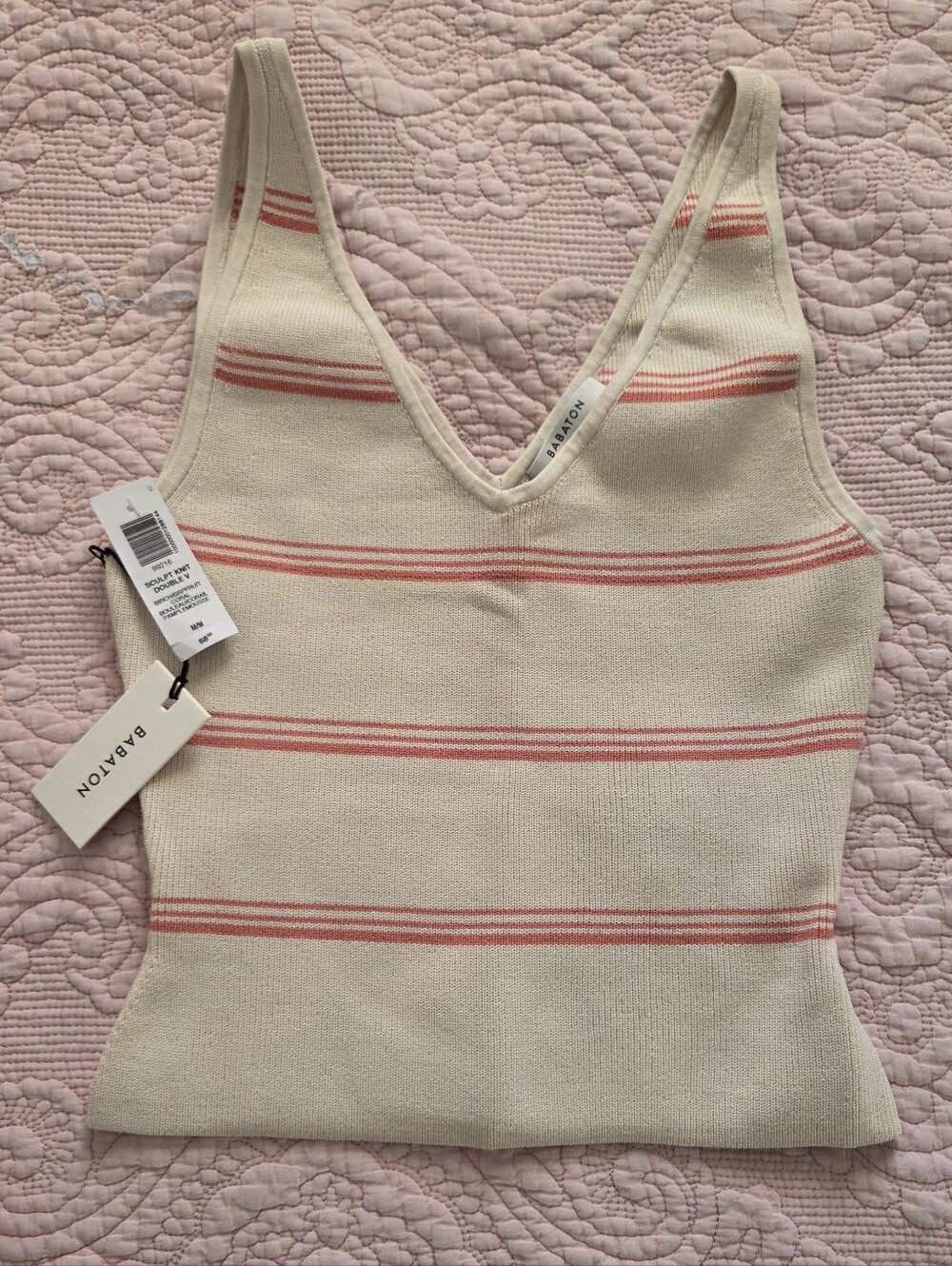 NWT Aritzia Babaton Cream V-Neck Tank with Coral Stripes